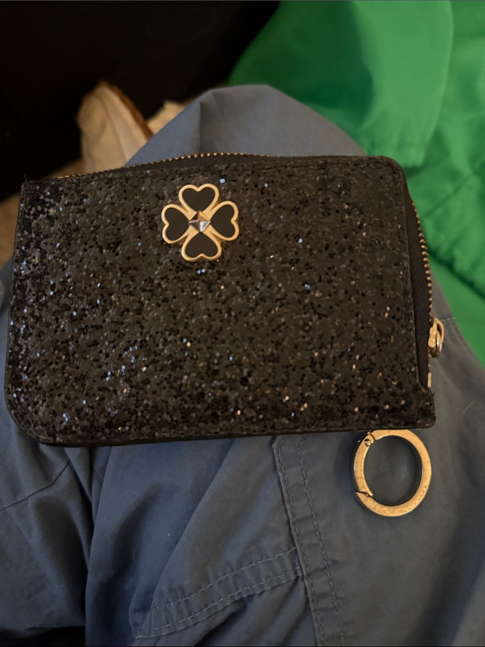 Kate Spade Black Glitter Zip Wallet with Clover Emblem